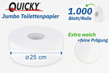 Dwuwarstwowy papier toaletowy Quicky Jumbo, średnica 25 cm, jasnobiały, wytłoczony w drobne kropki, 6 rolek - chłonny i odporny na rozdarcie, zapewniający maksymalną higienę, idealny dla instytucji publicznych i przemysłu