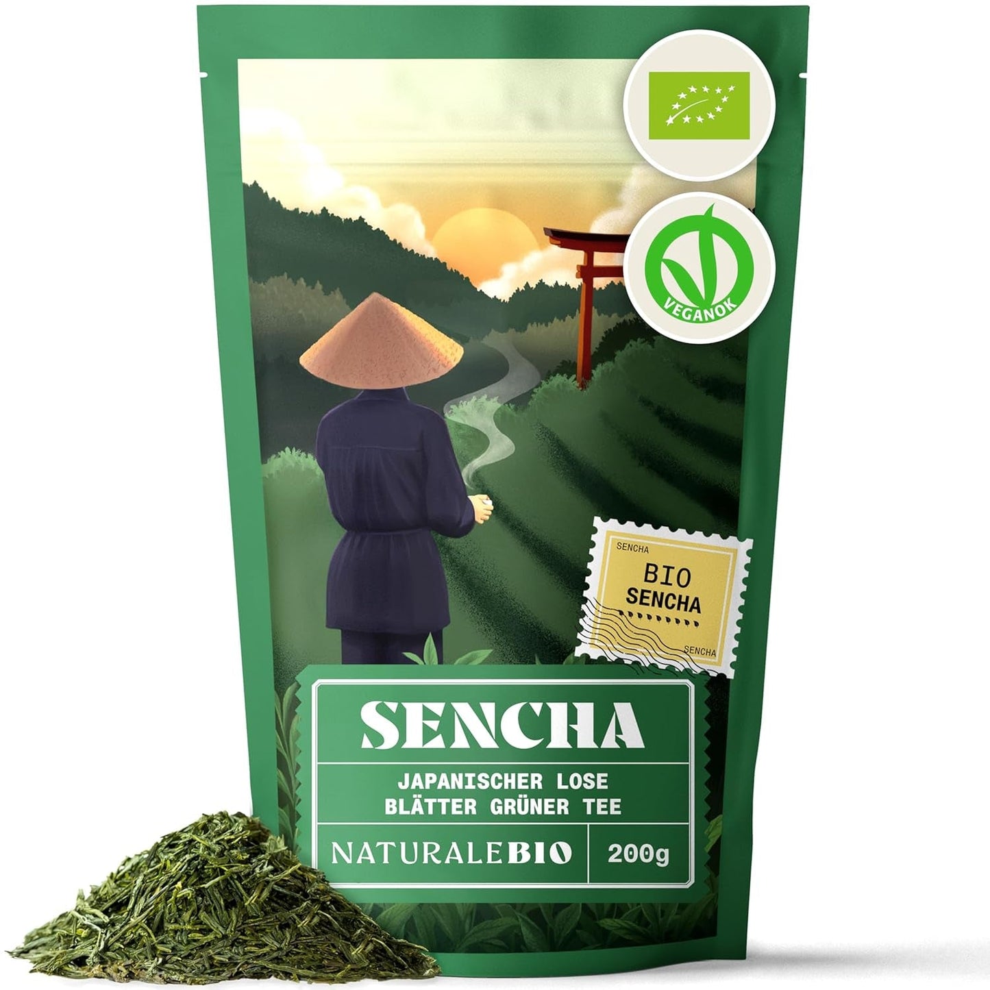 Naturalebio Japońska herbata Sencha - 200 g Organiczna herbata zielona - 100% czysta i naturalna zielona herbata Sencha - luźne liście z pierwszego zbioru - produkt ekologiczny uprawiany w Japonii