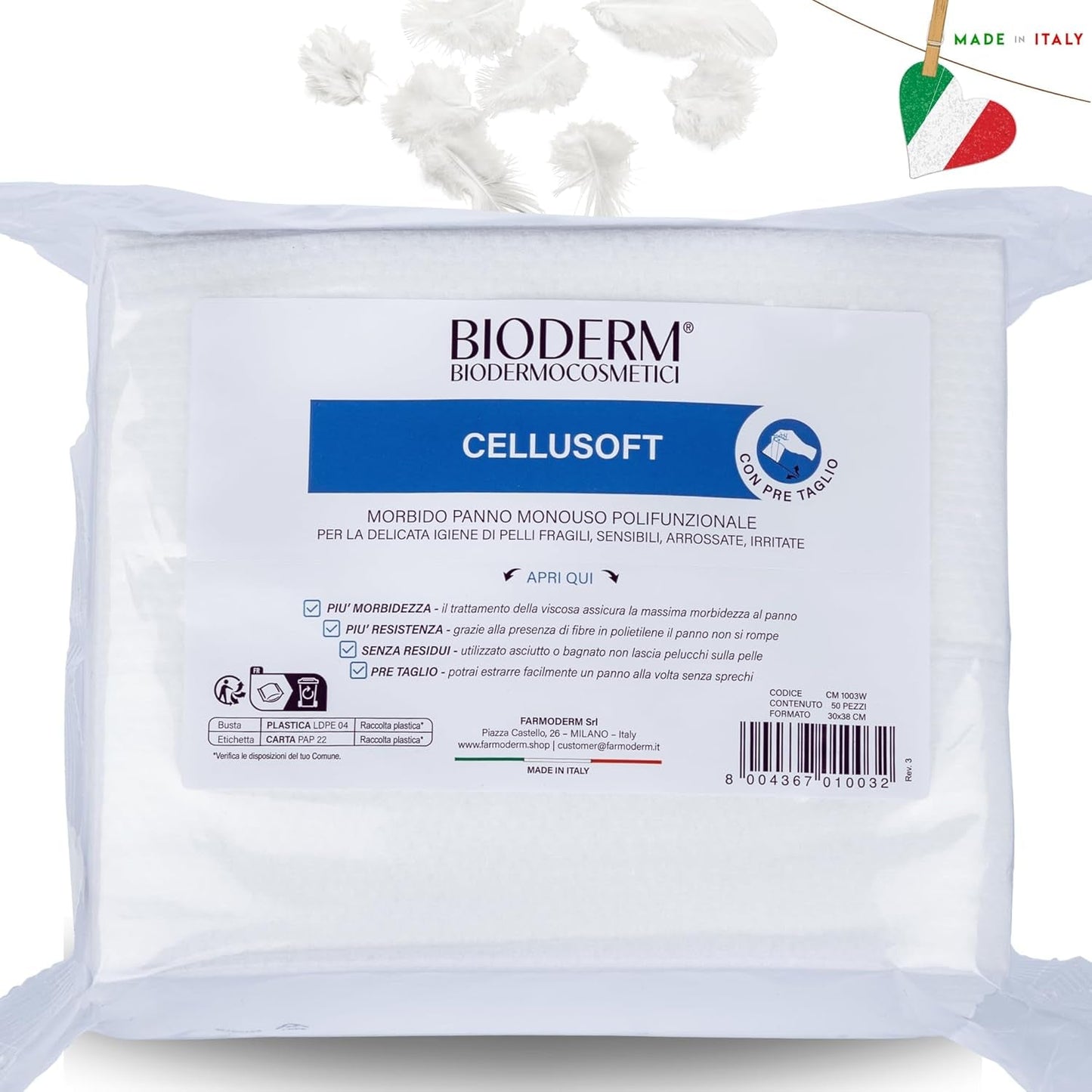 BIODERM Cellusoft - miękkie, wielofunkcyjne, jednorazowe chusteczki nawilżane wiskozowe i poliestrowe - wielofunkcyjne chusteczki do delikatnej higieny wrażliwej i zaczerwienionej skóry osób starszych i dzieci - 30 x 38 cm (50