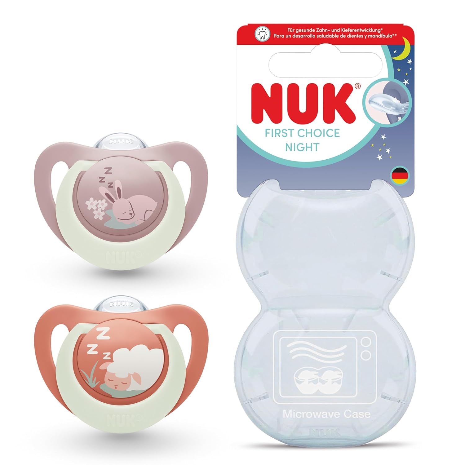 NUK First Choice smoczek na noc dla niemowląt | 6-18 miesięcy | Smoczki ortodontyczne świecące w ciemności | Uspokaja 99% dzieci** | Królik/Owca | Opakowanie 0-2