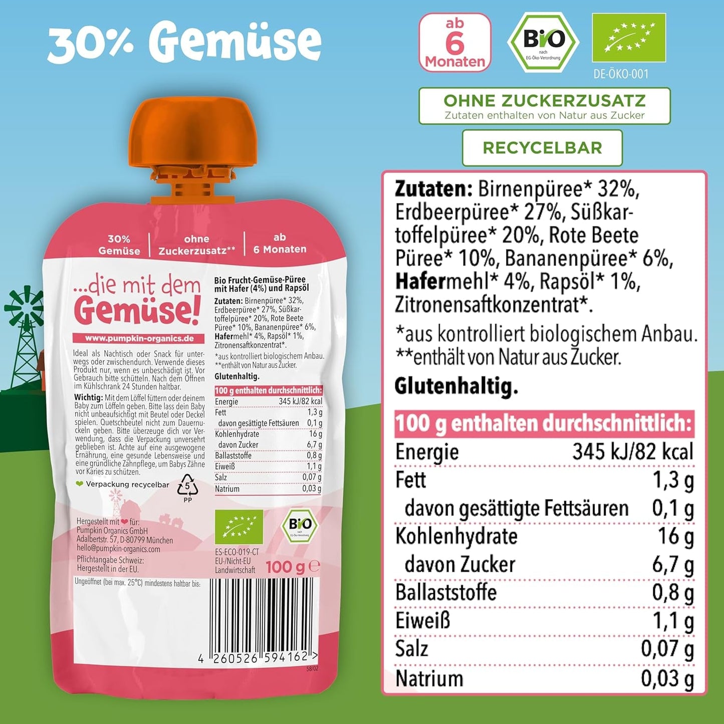 Pumpkin Organics torebki z organicznymi warzywami i zbożami, opakowanie 8 szt.: Gruszka, Truskawki, Bataty, Buraki, Banany, Owies - Bez dodatku cukru¹ - Od 6 miesiąca życia - jako przekąska lub pokarm uzupełniający w opakowaniu (8 x 100g)