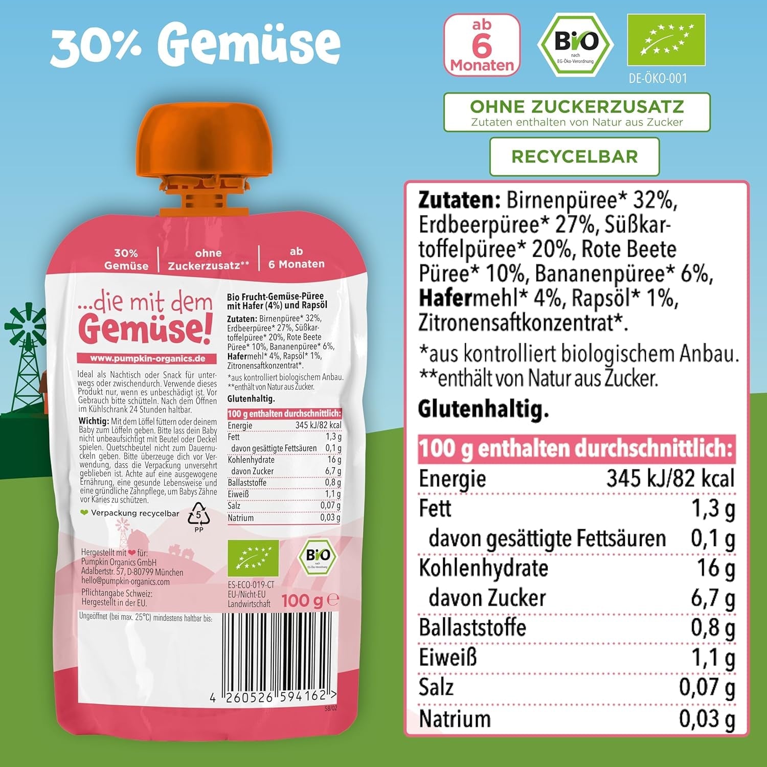 Pumpkin Organics torebki z organicznymi warzywami i zbożami, opakowanie 8 szt.: Gruszka, Truskawki, Bataty, Buraki, Banany, Owies - Bez dodatku cukru¹ - Od 6 miesiąca życia - jako przekąska lub pokarm uzupełniający w opakowaniu (8 x 100g)