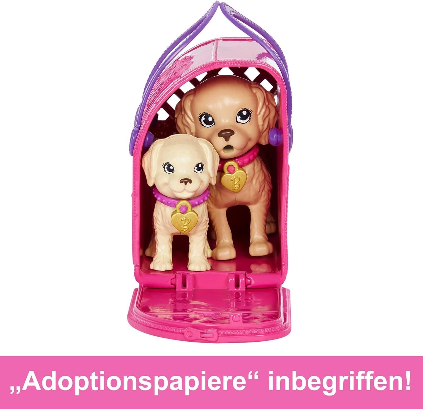 Adopcja Barbie Puppy - lalka i 2 szczenięta, z certyfikatami adopcyjnymi, efektem zmiany koloru, klatką i akcesoriami, dla dzieci w wieku od 3 lat, 86 HKD