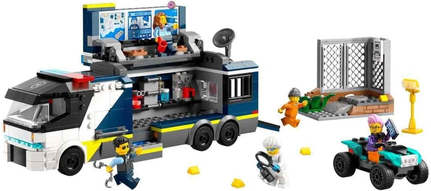 LEGO City Ciężarówka policyjna z laboratorium, quad policyjny i zabawkowa ciężarówka dla dzieci, prezent dla chłopców i dziewcząt od 7 lat oraz 5 minifigurek — 2 policjantów, 1 naukowiec i 2 oszustów 60418 Zestawy do budowania Szukaj w sklepie LEGO