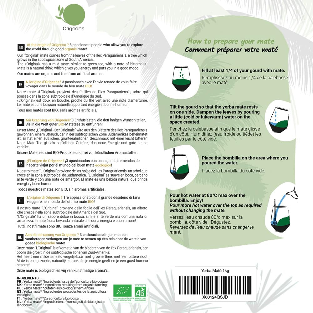 ORIGEENS BIO YERBA MATE TEA 1 KG - The Original I Niepalona, ​​liście, bez łodyżek, kurzu i okruchów I Napój energetyzujący i detoksykujący