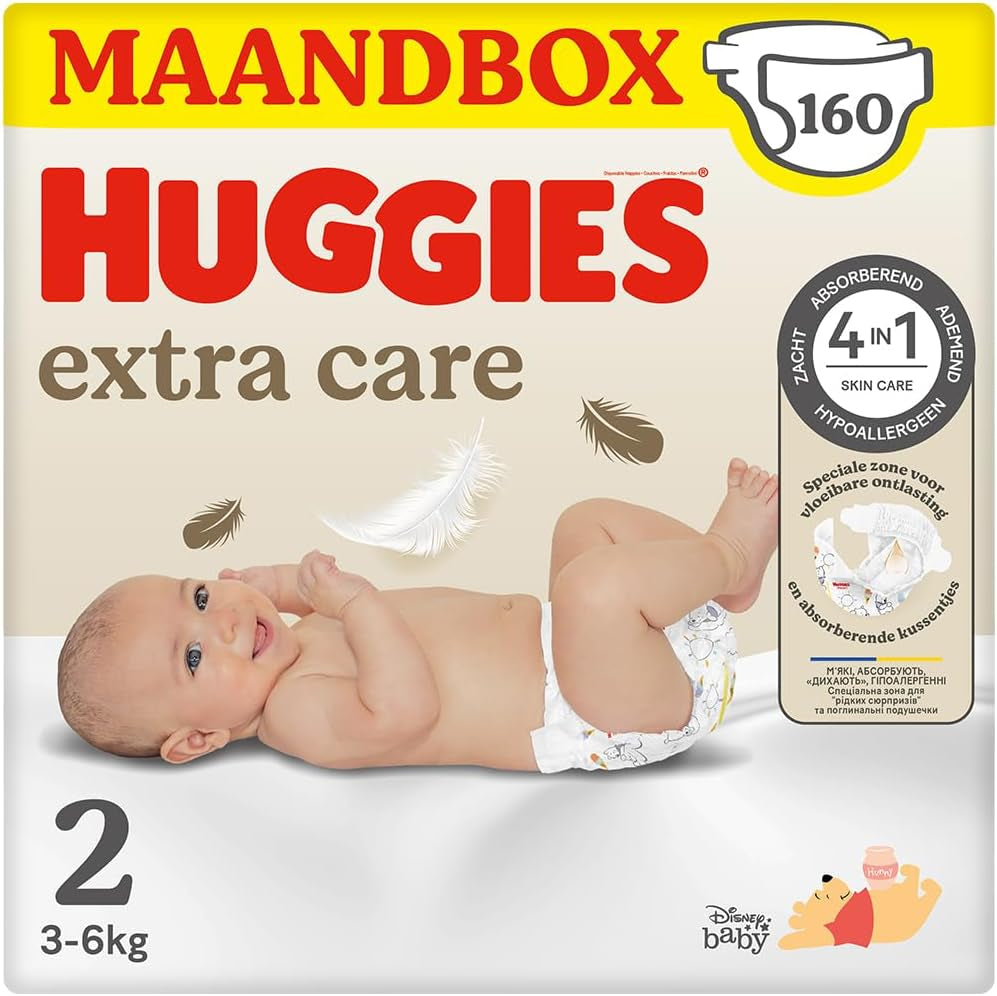 Pieluchy dziecięce Huggies Extra Care, rozmiar 2 (3-6 kg), superchłonne, Disney Design, opakowanie zbiorcze, 160