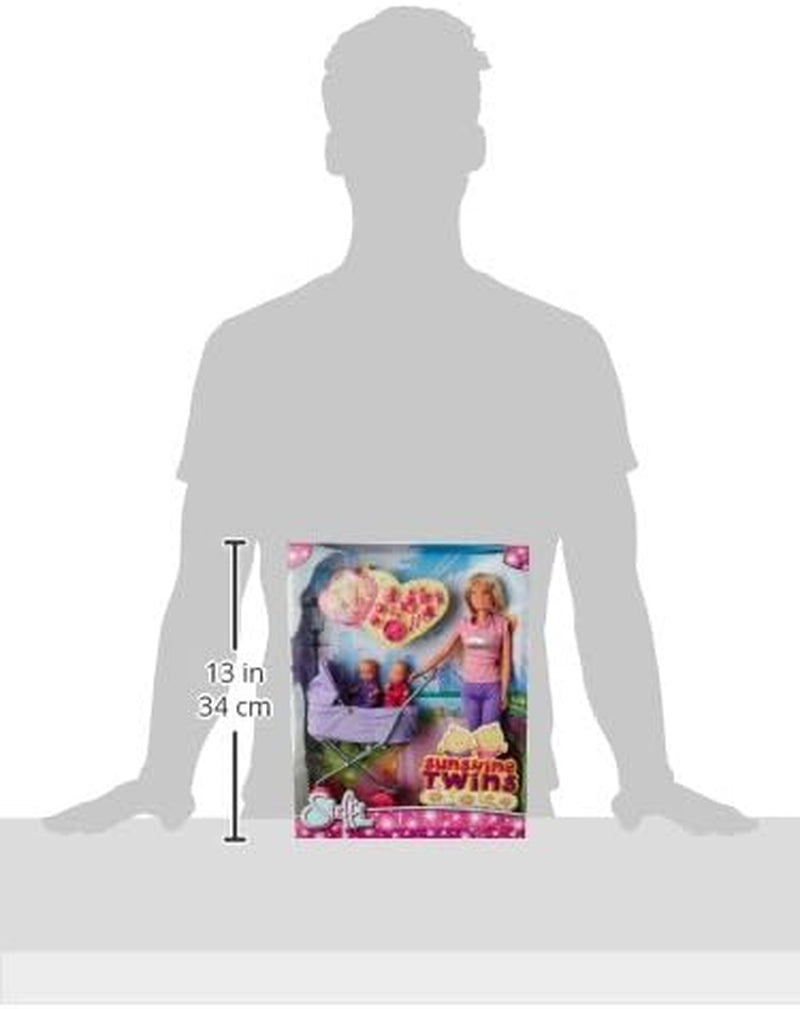 Simba Steffi Love Sunshine Twins – lalka z bliźniakami i wózkiem, w tym akcesoria takie jak butelki i zabawki, wariant pasujący do 2 lalek, zestaw lalek dla dzieci w wieku 3 lat i starszych