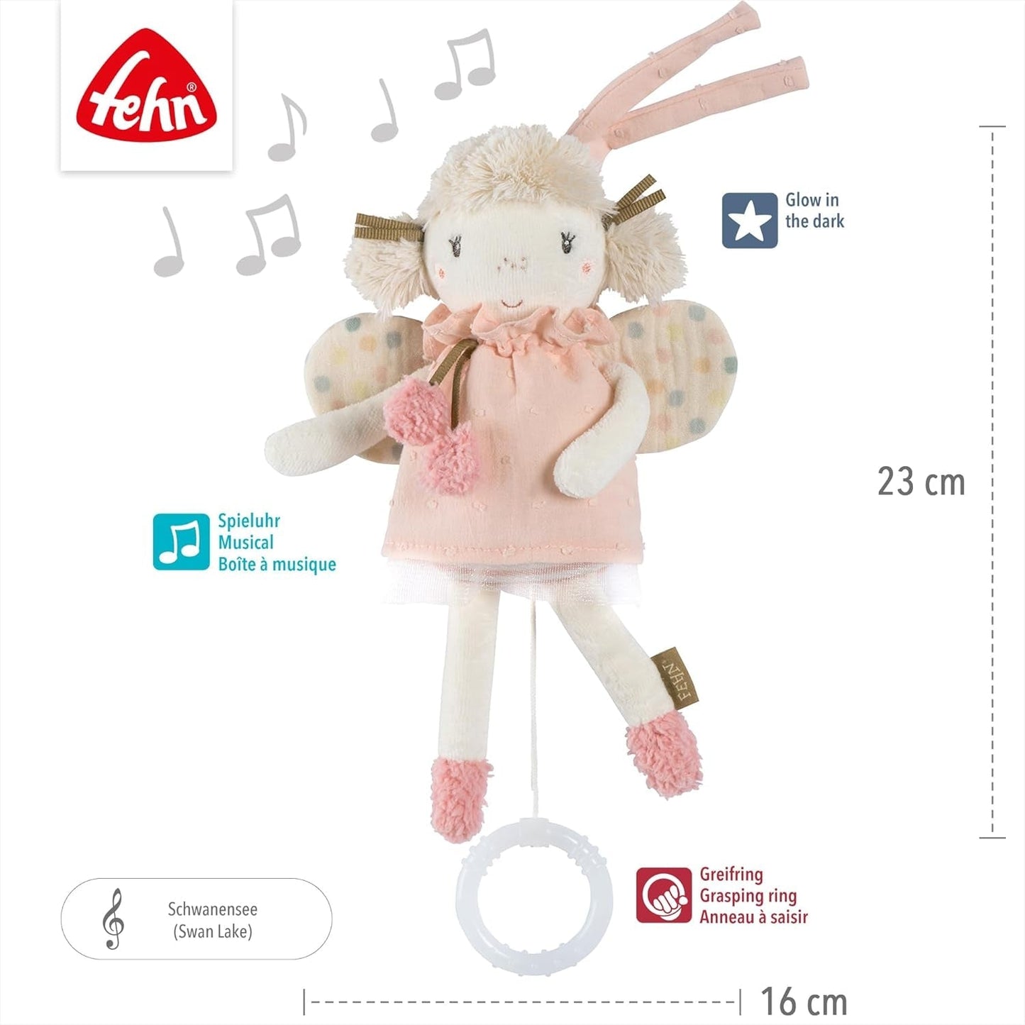 Mini pozytywka Wróżka Fehn – pluszowa zabawka i pomoc w zasypianiu: nakręcana pozytywka z delikatną melodią „Jezioro łabędzie” uspokaja w każdej sytuacji – dla niemowląt i małych dzieci od 0. miesiąca życia. Zabawki Bebe Naty Shop