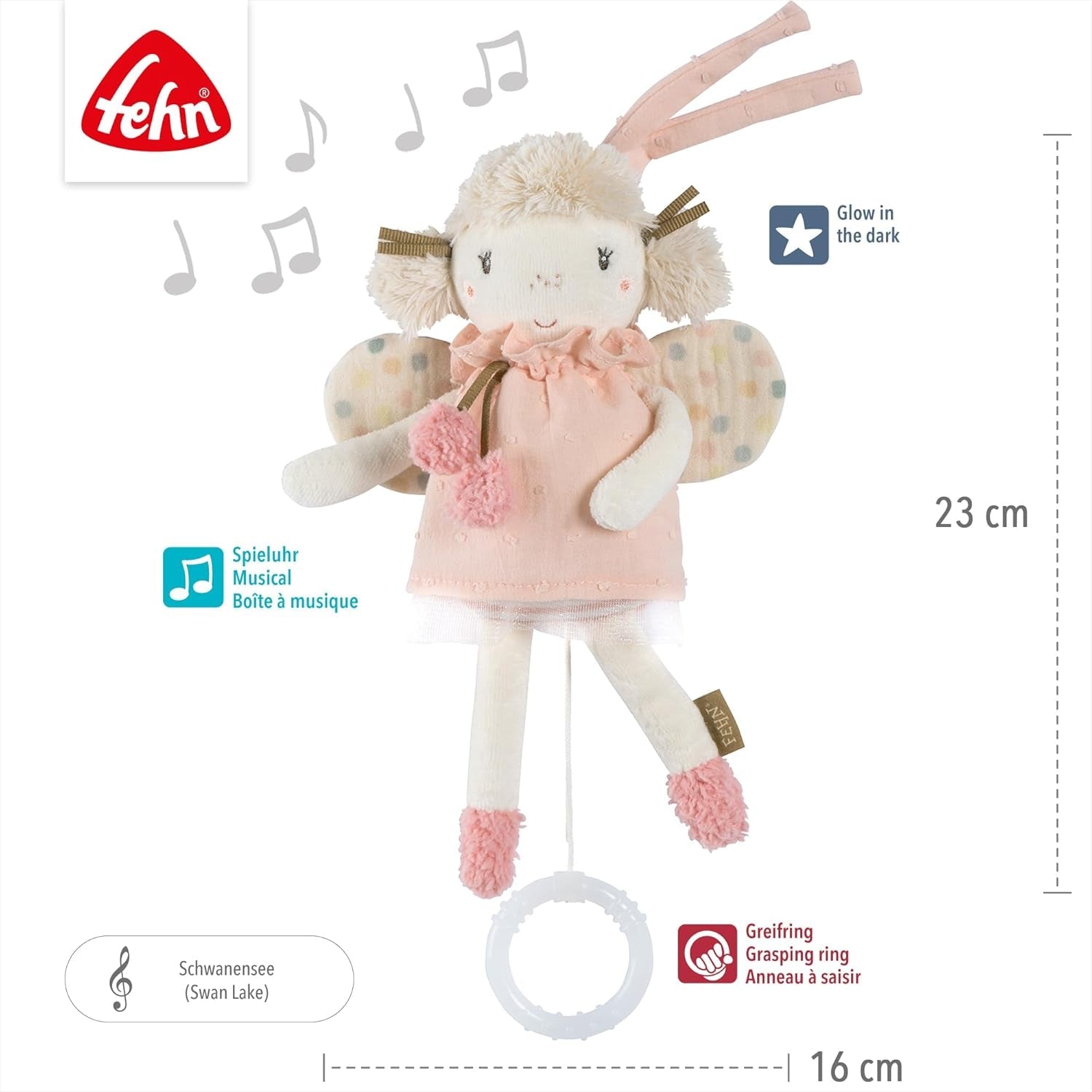 Mini pozytywka Wróżka Fehn – pluszowa zabawka i pomoc w zasypianiu: nakręcana pozytywka z delikatną melodią „Jezioro łabędzie” uspokaja w każdej sytuacji – dla niemowląt i małych dzieci od 0. miesiąca życia. Zabawki Bebe Naty Shop