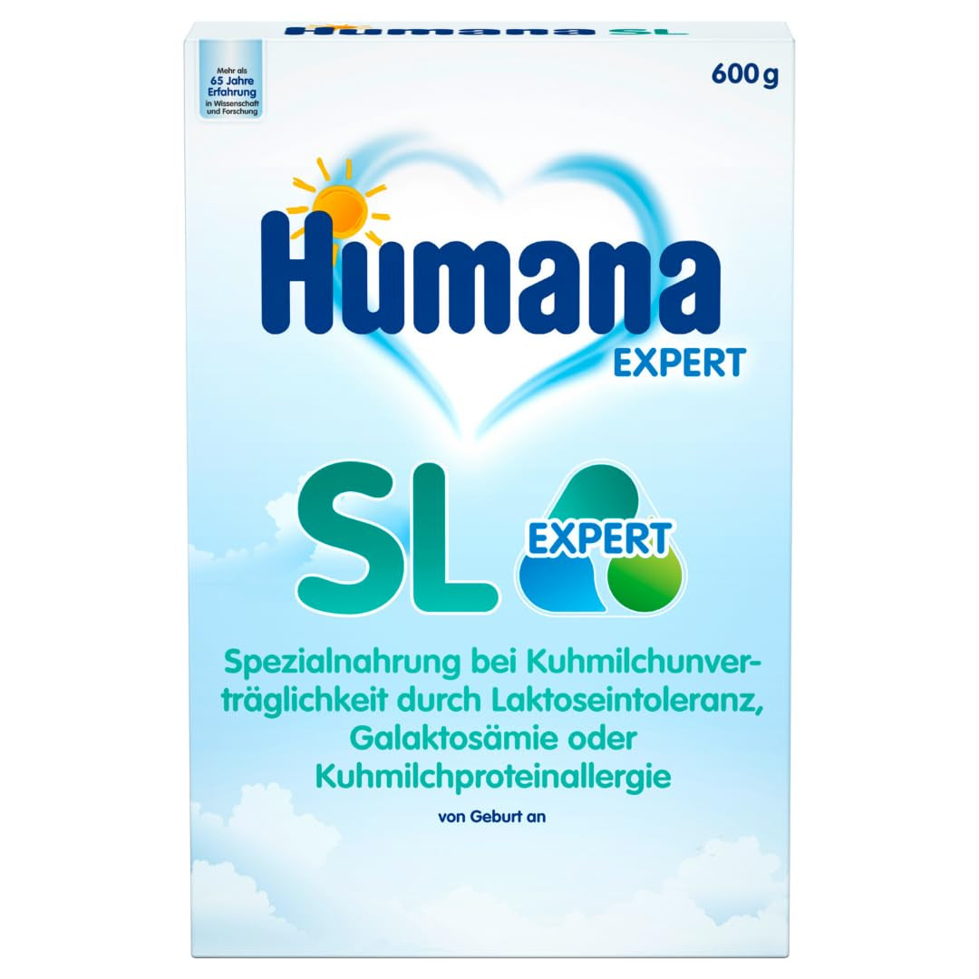 Humana SL Expert, od urodzenia, specjalna formuła na nietolerancję mleka krowiego spowodowaną nietolerancją laktozy, galaktozemią lub alergią na białko mleka krowiego, dla niemowląt i małych dzieci, 600g