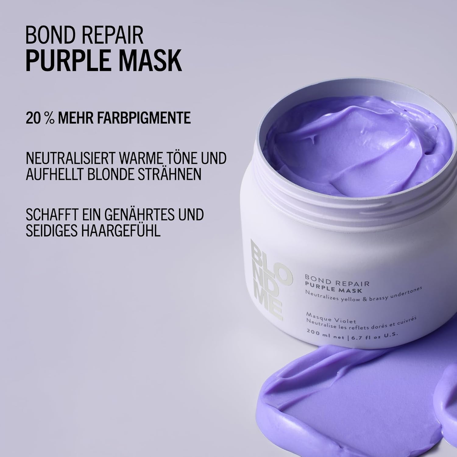 Schwarzkopf Professional BLONDME Bond Repair Purple Mask Maska do włosów chłodnych Neutralizuje żółte odcienie do włosów farbowanych, rozjaśnianych i jasnych Głęboko odżywiająca i wzmacniająca maska do włosów 200 ml Naty Shop