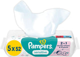Pampers Sensitive Feuchttücher 5 Packungen Mit 52 Stück - 260 Fechttücher, Ohne Duft, Für Eine Sanfte Und Weiche Reinigung Naty Shop 260 Stück