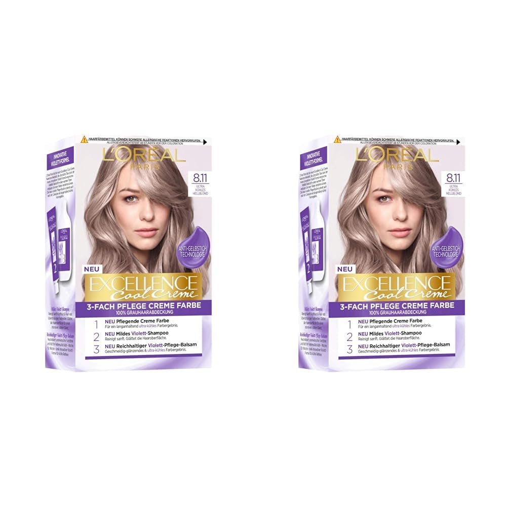 L'Oréal Paris Permanent Hair Color Color Result, 100% pokrycia siwych włosów, zestaw z farbą, szamponem i kremem pielęgnacyjnym, Excellence Cool Creme, nr 8.11 Ultra Cool Light Blonde (Blonde) (2 szt.) Naty Shop Hair Dye Domyślny tytuł