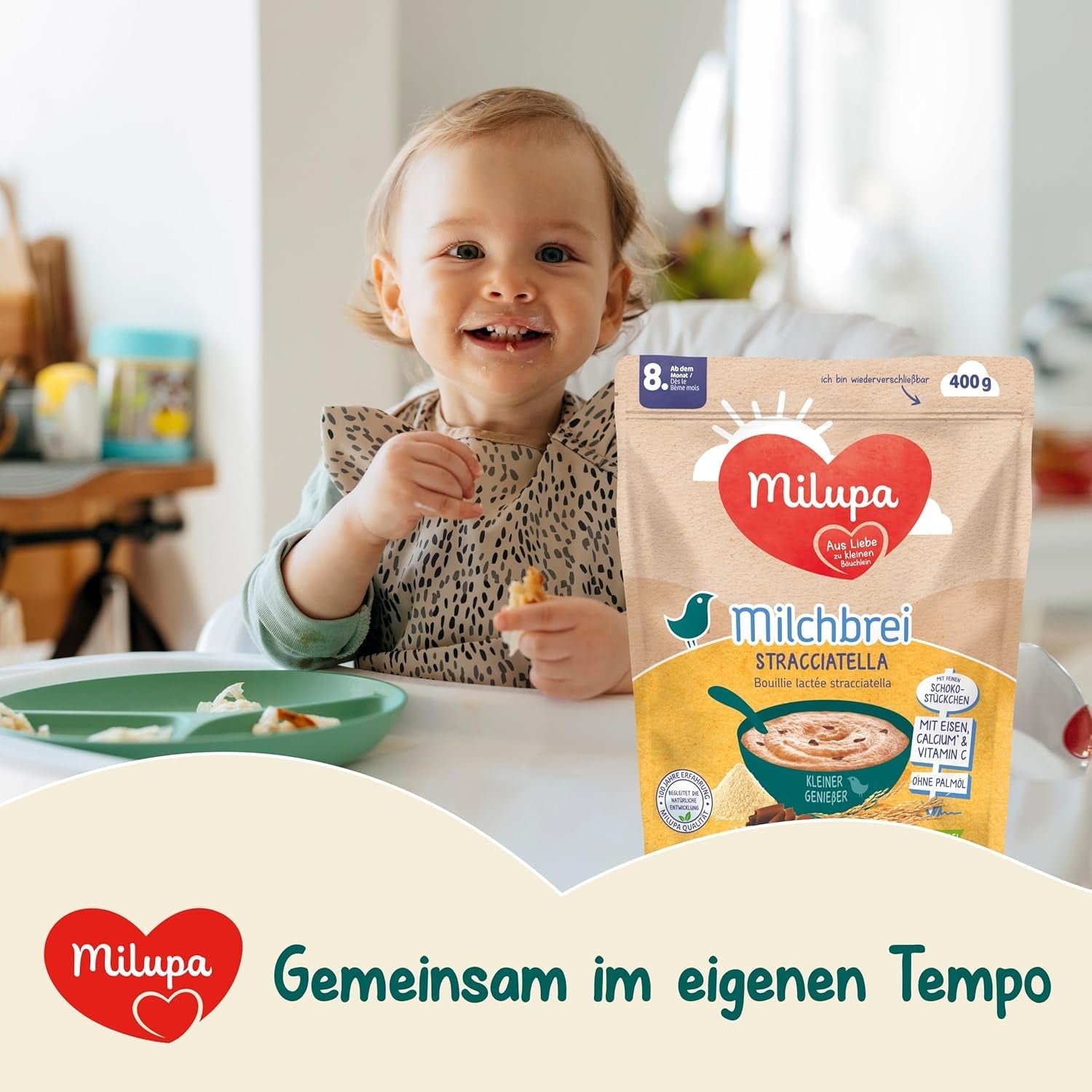 Milupa Stracciatella Owsianka mleczna - Bezglutenowe, bez oleju palmowego płatki dla niemowląt - Bez konserwantów i barwników - Od 8 miesiąca - 4 x 400 g