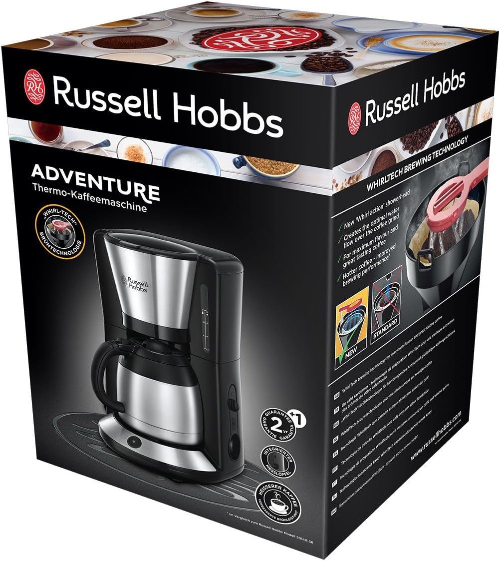 Ekspres do kawy Russell Hobbs [głowica prysznicowa zapewniająca optymalną ekstrakcję i aromat] Adventure (od 1 do 8 filiżanek, karafka termiczna 1,0 l, automatyczne wyłączanie, system zapobiegający kapaniu, 1100 W) Ekspres do kawy z filtrem 24020-56