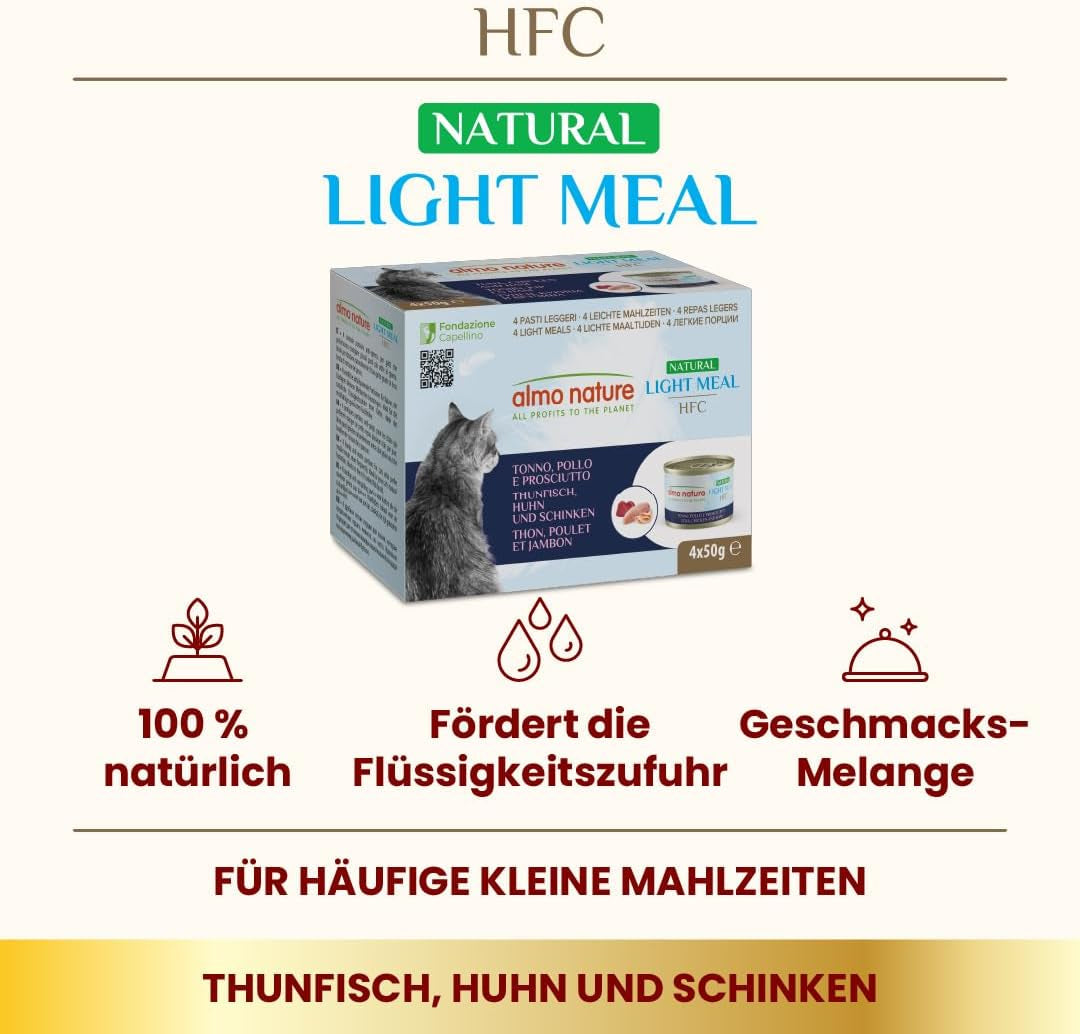 Almo Nature HFC Natural Light Meal - Nassfutter für Katzen - Thunfisch, Huhn & Schinken - Human-Grade, Glutenfrei - 50g, opakowanie 4er