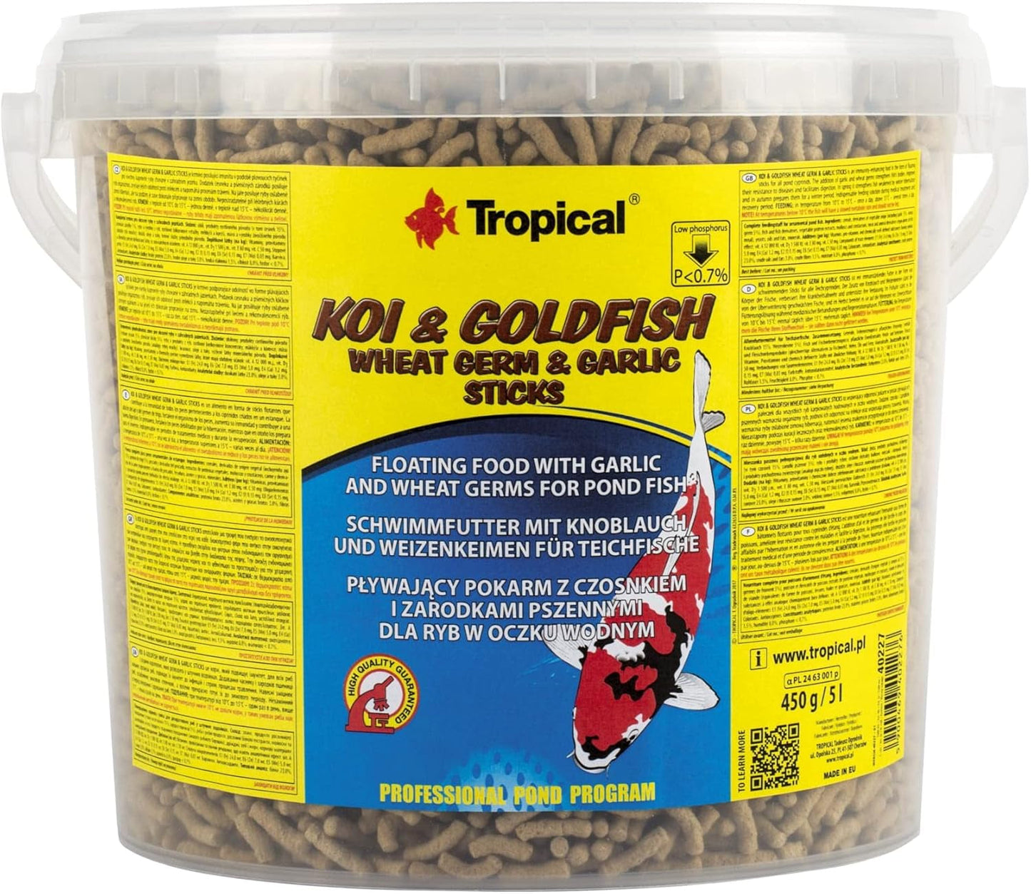 Pałeczki z kiełkami pszenicy i czosnkiem KOI&Goldfish 5L / 430g - Pokarm dla ryb stawowych przeznaczony do codziennego karmienia ryb koi w szerokim zakresie temperatur od 8 do 30°C