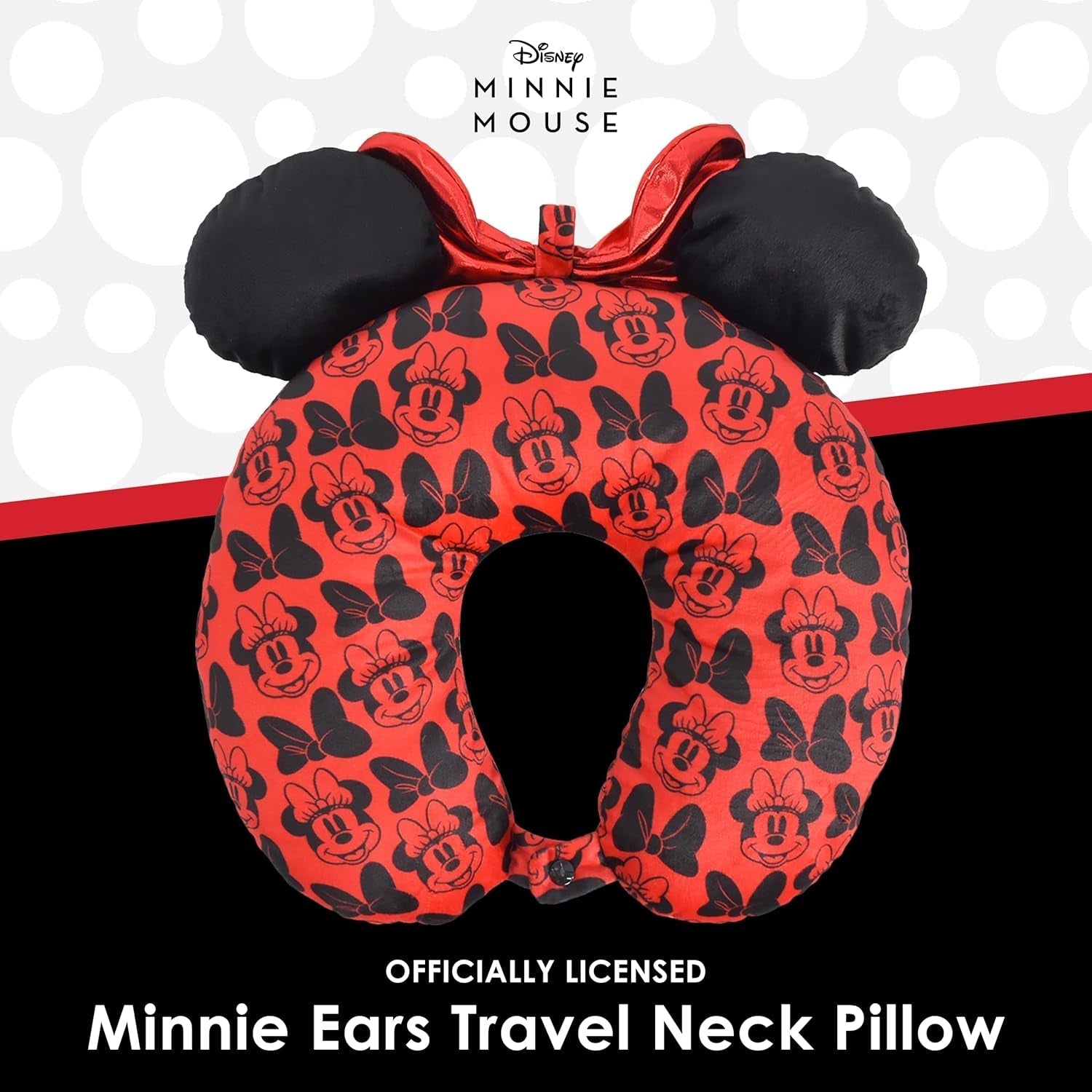 Poduszka podróżna na szyję Ful Concept One Disney Minnie Mouse z uszami 3D i sprężyną do samolotu, samochodu i biura, wygodna i oddychająca, czerwono-czarna Poduszki podróżne Naty Shop