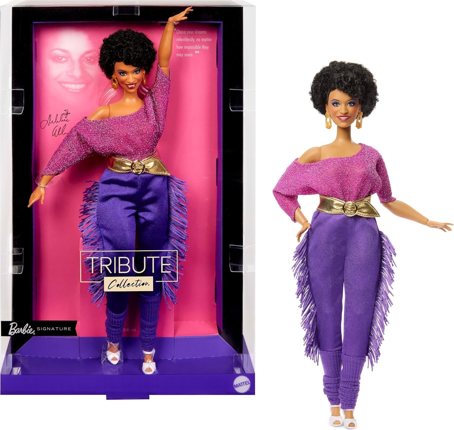Podpisowa lalka Barbie Debbie Allen z kolekcji Tribute w topie z odkrytymi ramionami, złotym pasku i fioletowych spodniach i legginsach z frędzlami, JBJ24