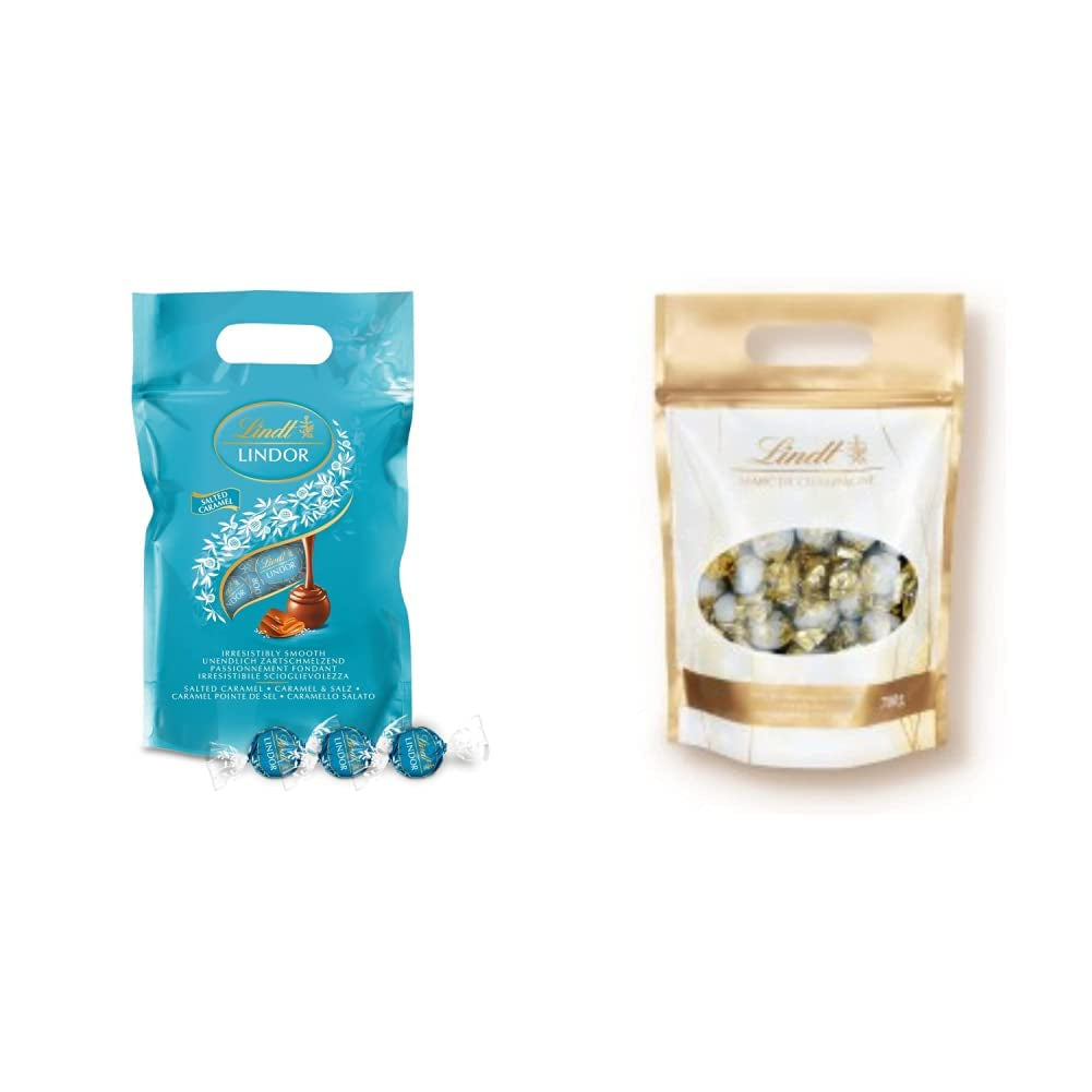 LINDOR kulki czekoladowe z solonym karmelem | ok. 80 kulek z mlecznej czekolady z nadzieniem solonym karmelem | Opakowanie zbiorcze i kulki czekoladowe Marc de Champagne | 700 gr