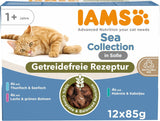 IAMS Delights Sea Collection Bezzbożowa mokra karma dla kotów - opakowanie zbiorcze z różnymi rybami w sosie, bezzbożowa mokra karma dla kotów od 1 roku życia, 12 x 85g