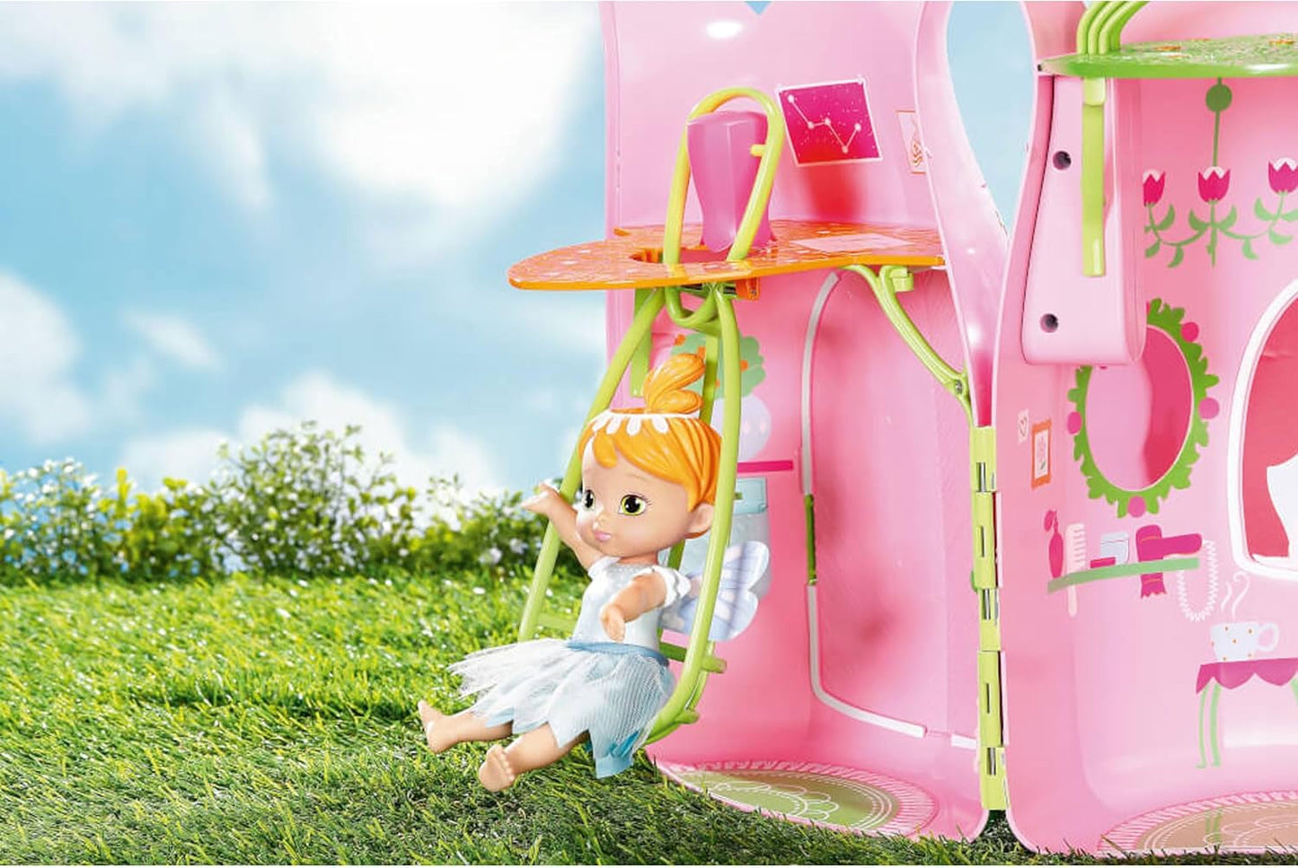 BABY Born Storybook Cottage, składany domek dla lalek 18 cm ze stołem, kominkiem, szezlongiem i teleskopem, różowy zielony, 833803 Zapf Creation Dollhouses Naty Shop
