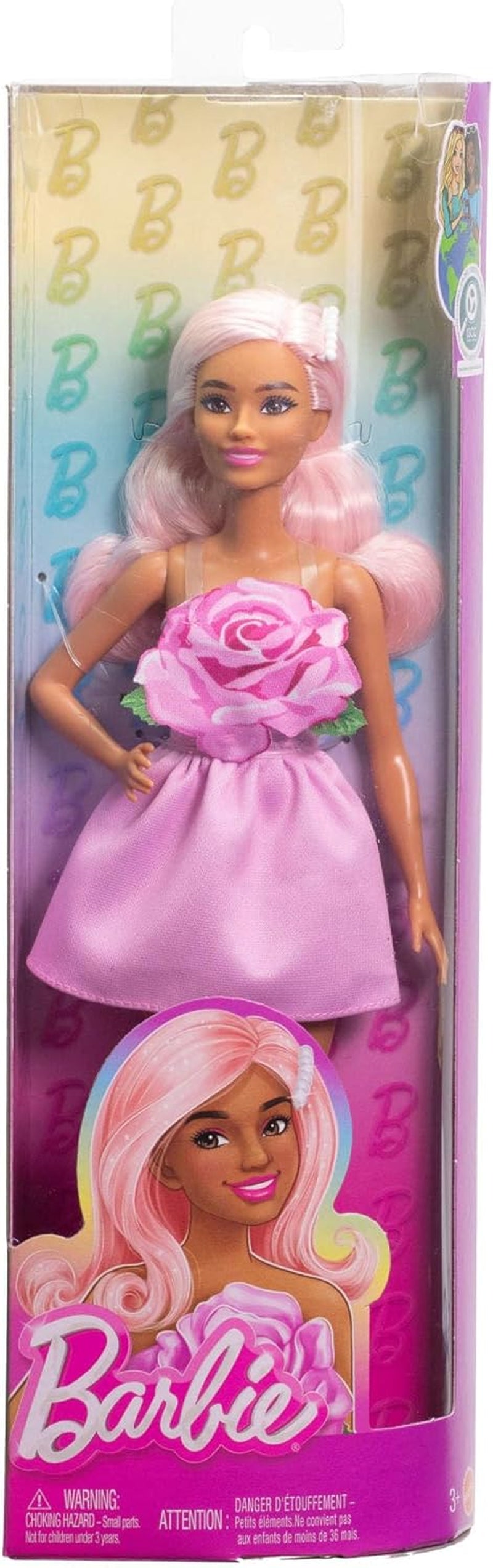 Lalka Barbie Fashionistas nr. 238 z pastelowymi różowymi włosami, sukienką bez ramiączek z różowym stanikiem, perłową spinką do włosów oraz szpilkami i spinkami, HYT94
