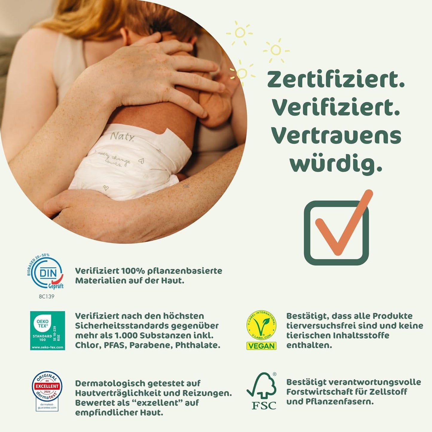 Pieluchy dla niemowląt Naty BioEmbrace, rozmiar 3 (4–9 kg) | 100% materiałów roślinnych, delikatnych dla skóry | Oddychająca miękkość, testowana dermatologicznie, doskonała wchłanialność | 100 szt.