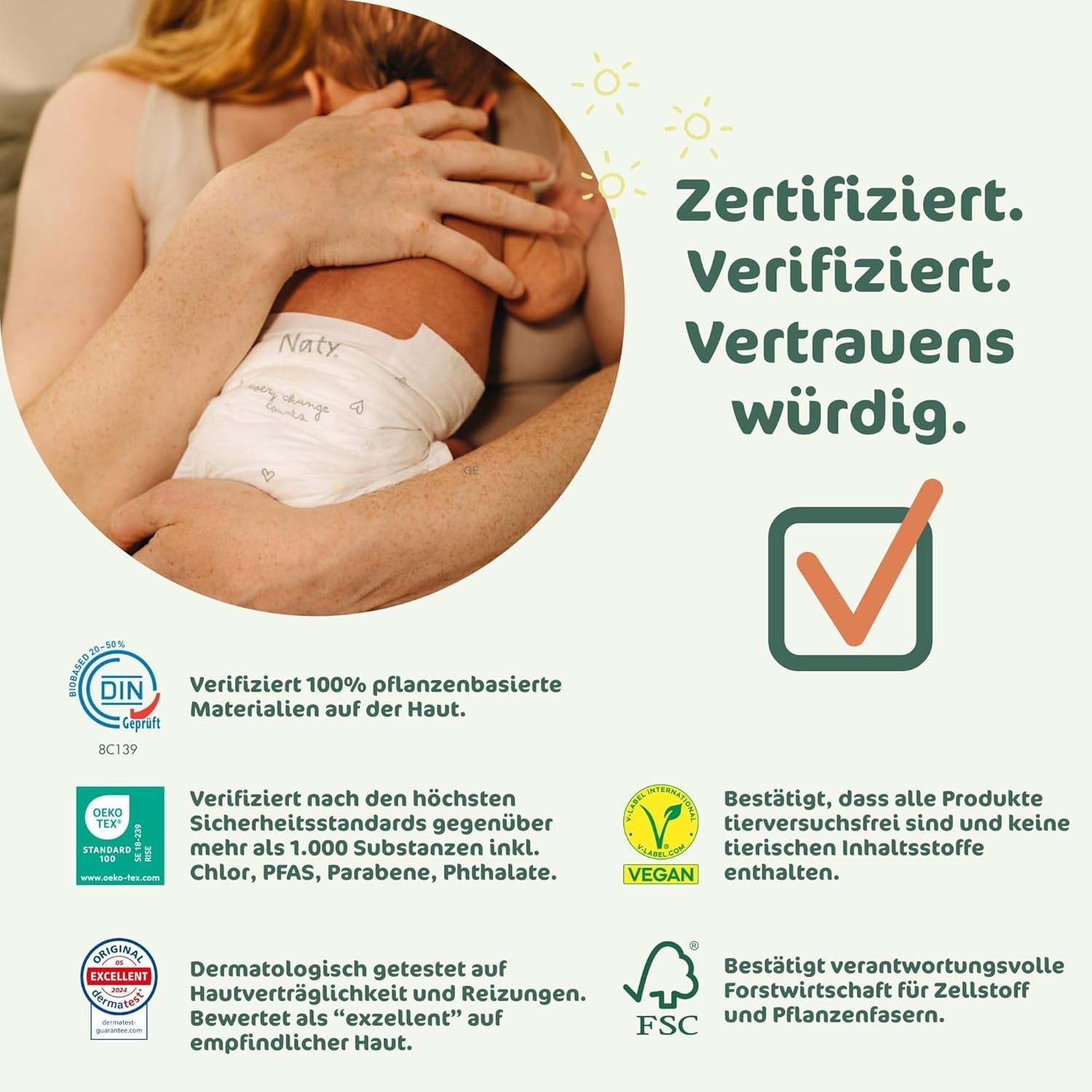 Pieluchy dla niemowląt Naty BioEmbrace, rozmiar 3 (4–9 kg) | 100% materiałów roślinnych, delikatnych dla skóry | Oddychająca miękkość, testowana dermatologicznie, doskonała wchłanialność | 100 szt.