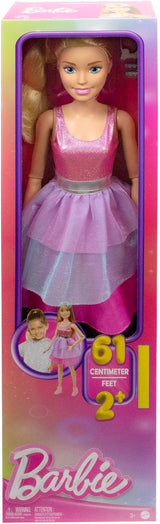 Lalka Barbie bardzo duża (71 cm) - różowa sukienka, blond włosy z klipsem i naszyjnikiem, prezent dla 3 lat i więcej, HJY02