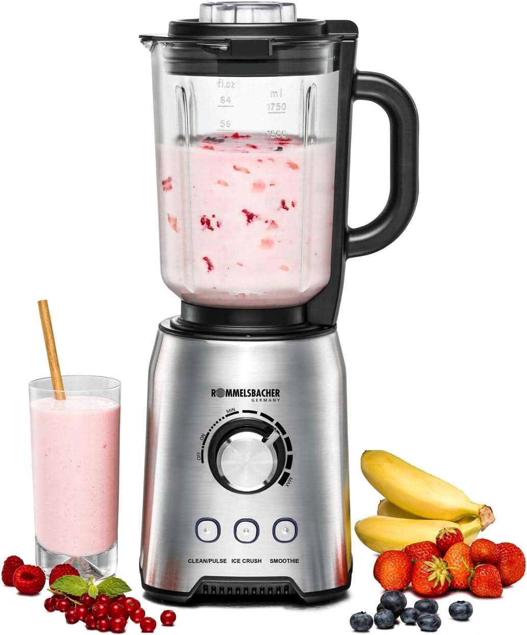 ROMMELSBACHER Mikser stojący MX 1250-22 000 U/Min, Stufenlose Drehzahlregulierung, Funktionsstasten (Smoothie, Clean/Pulse, kruszenie lodu), Glaskrug, Edelstahlgehäuse, Spezialmesser, 1200 Watt Kitchen Naty Shop