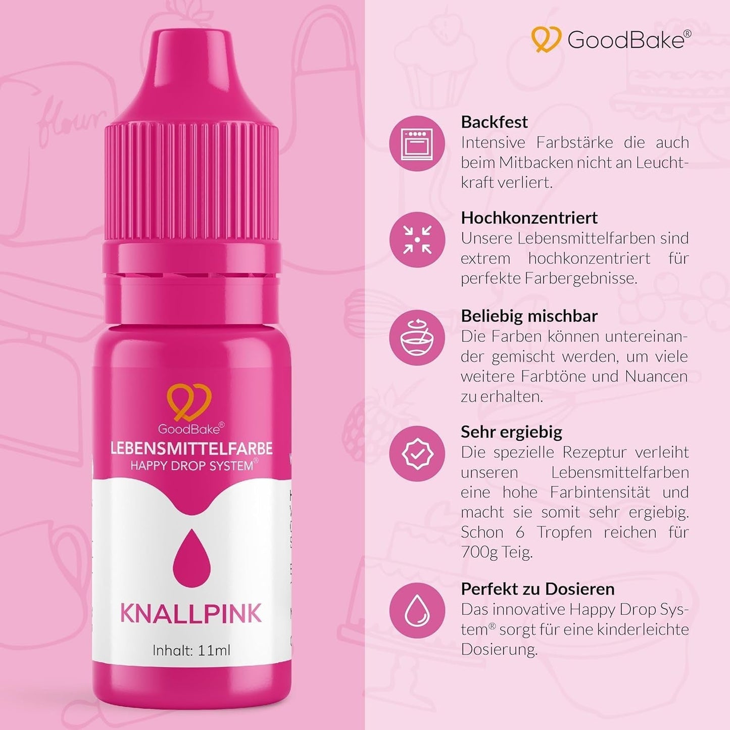 Goodbake Pink Food Coloring (11ml) - Intensywny barwnik spożywczy - Bardzo skoncentrowany kolor - Do barwienia ciast, fondantów, kremów maślanych, napojów, śluzów i wielu innych produktów. 100% wegańskie