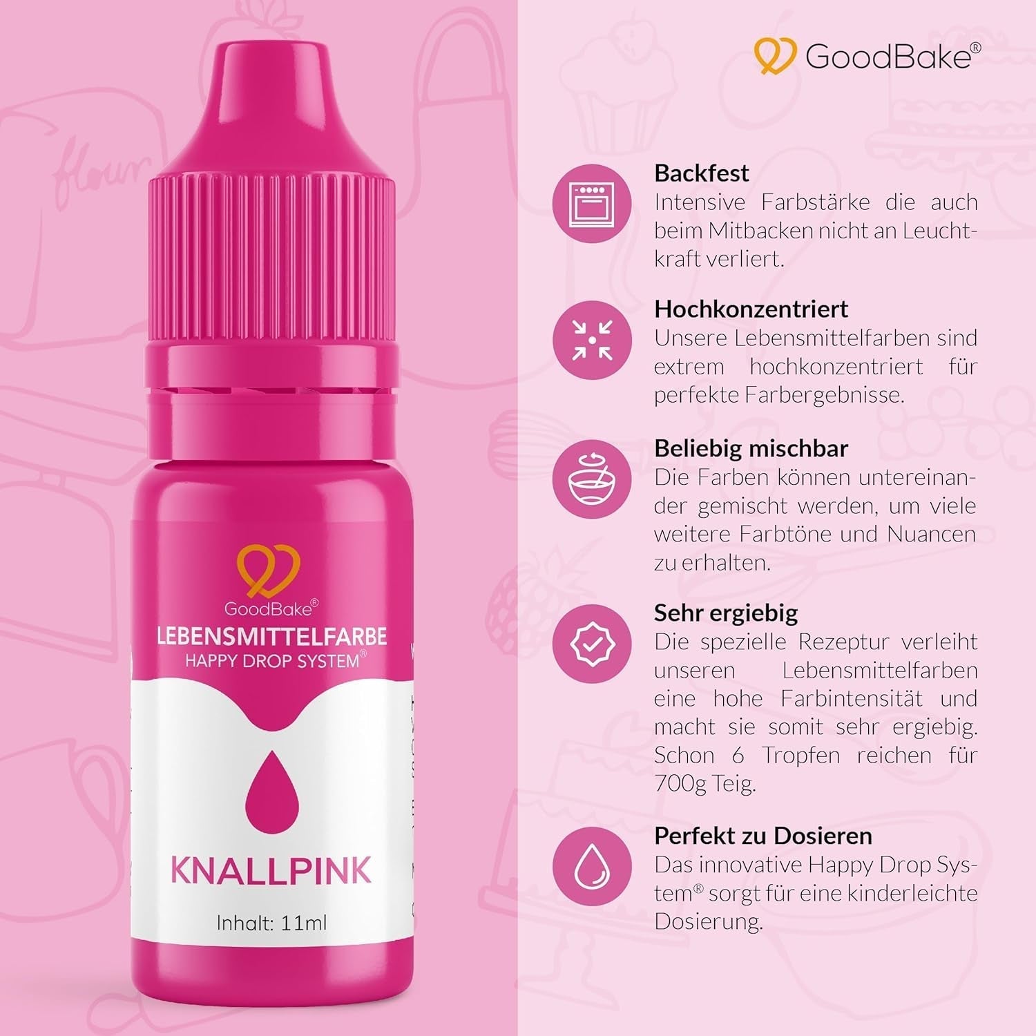 Goodbake Pink Food Coloring (11ml) - Intensywny barwnik spożywczy - Bardzo skoncentrowany kolor - Do barwienia ciast, fondantów, kremów maślanych, napojów, śluzów i wielu innych produktów. 100% wegańskie