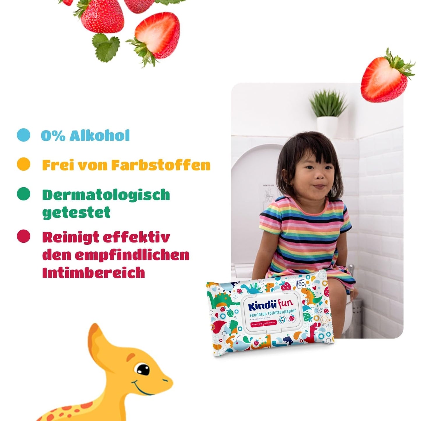 Kindii Fun Mokry Papier Toaletowy - (10X60 szt.) Mokry Papier Toaletowy - Rumianek, Aloe Vera, Ph-Neutral, Wodny, Odświeża okolice intymne - 600 sztuk