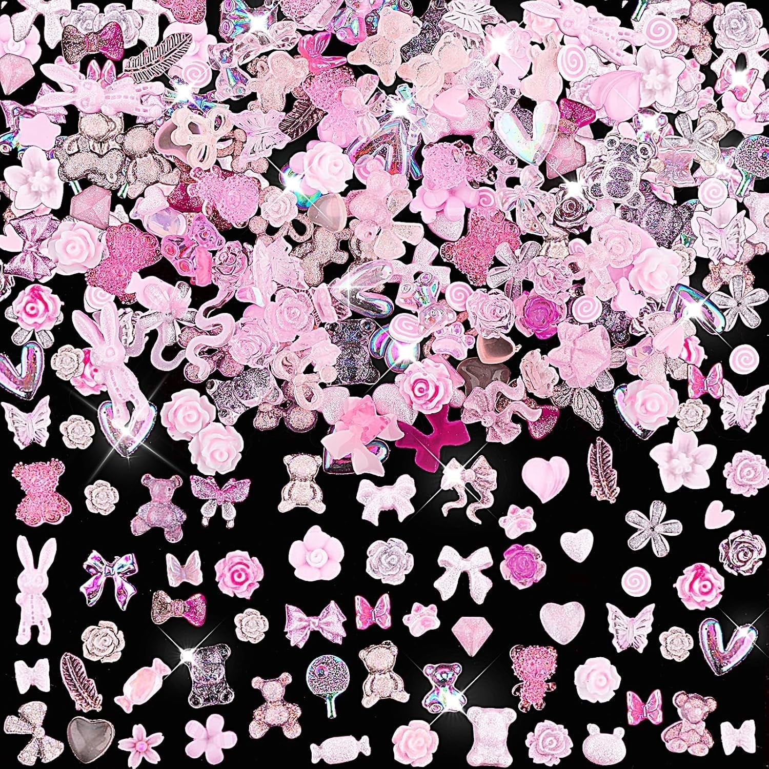 200 sztuk Charms do zdobienia paznokci 3D Zestaw dekoracji do zdobienia paznokci Łuk Wisiorek do paznokci Różowy Mieszany styl Łuk Kwiat Miś Lollipop Kształt serca Ozdobne zdobienie paznokci Dekoracje DIY Craft Nail Design