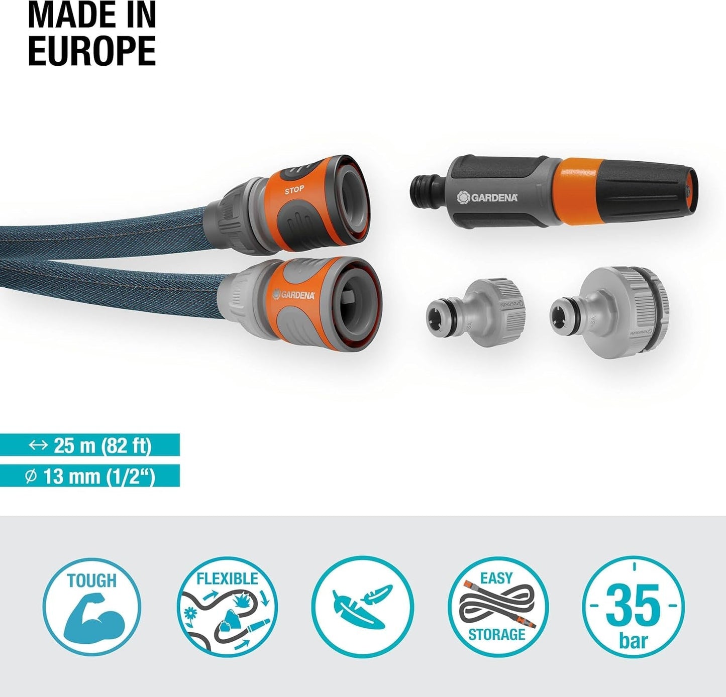 Zestaw Gardena Liano Xtreme 1/2 cala 25 m: wyjątkowo wytrzymały tekstylny wąż ogrodowy z lekkim, odpornym na warunki atmosferyczne wężem wewnętrznym z PVC (18475-20)