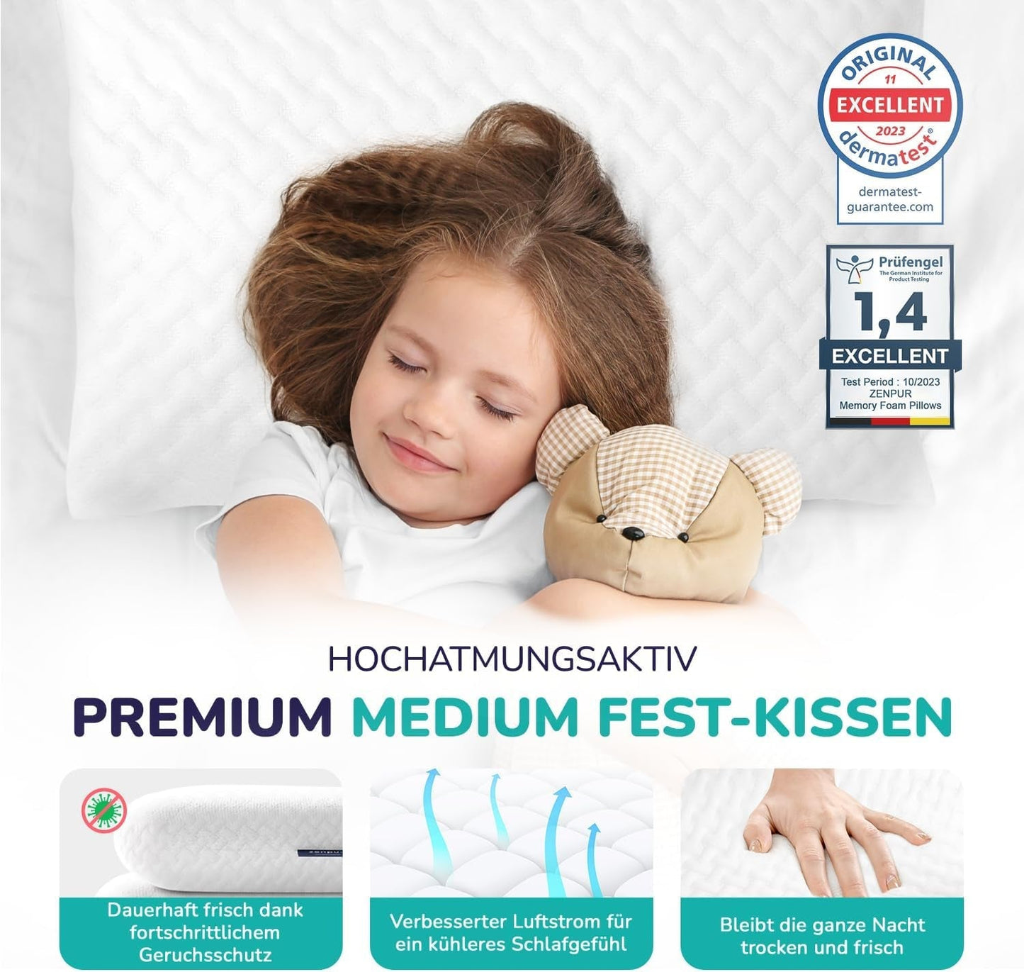 Ortopedyczna poduszka pod szyję ZenPur 40x60-13cm, poduszka pod głowę z pianki memory - ergonomiczna poduszka do spania na szyję i ramiona, certyfikat Oeko-TEX
