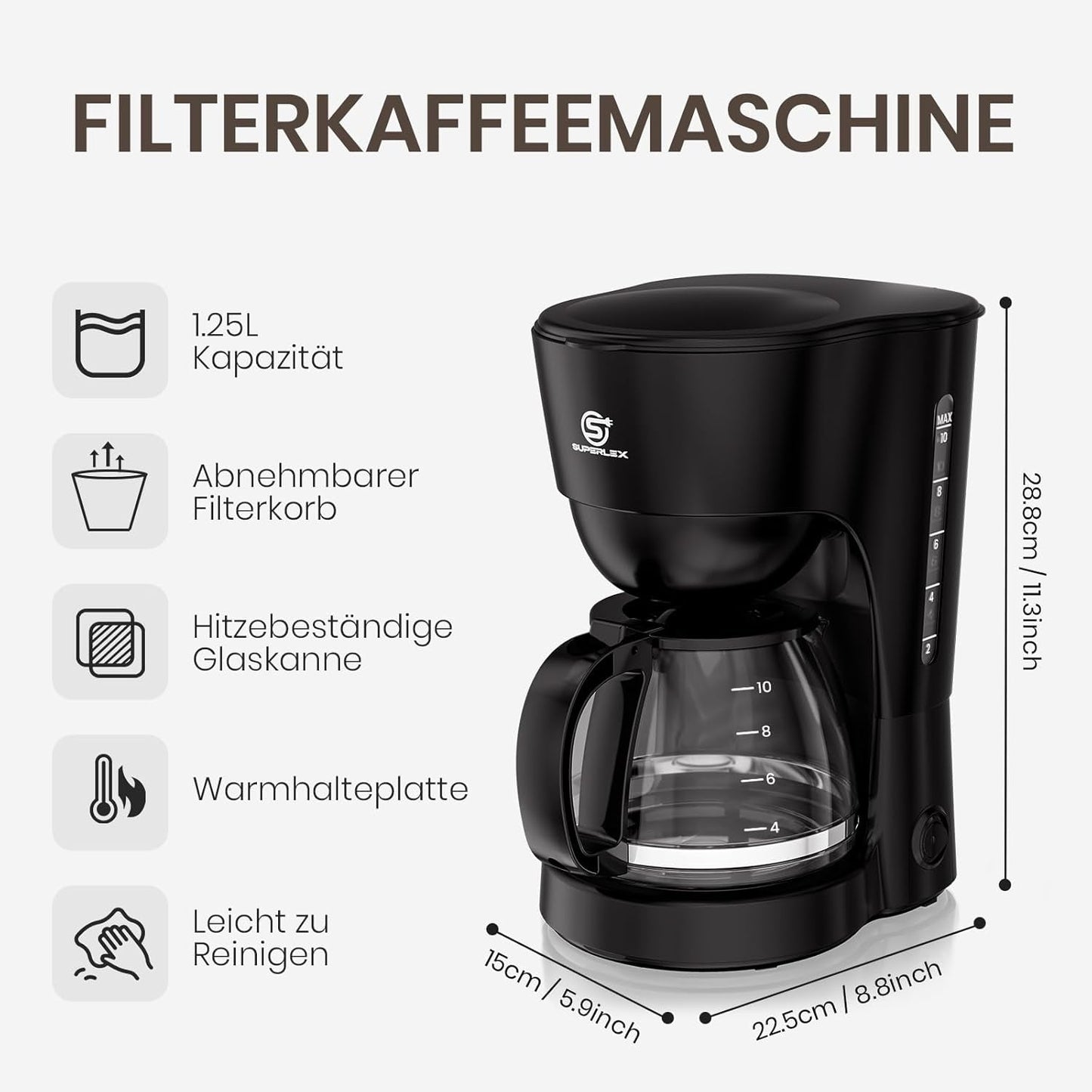 Ekspres do kawy z filtrem o pojemności 1,25 l na 10 filiżanek kawy filtrowanej, szklana karafka, którą można myć w zmywarce, termos, system zapobiegający kapaniu, automatyczne wyłączanie, 600 W, zabezpieczenie przed gotowaniem bez wody do domu i biura