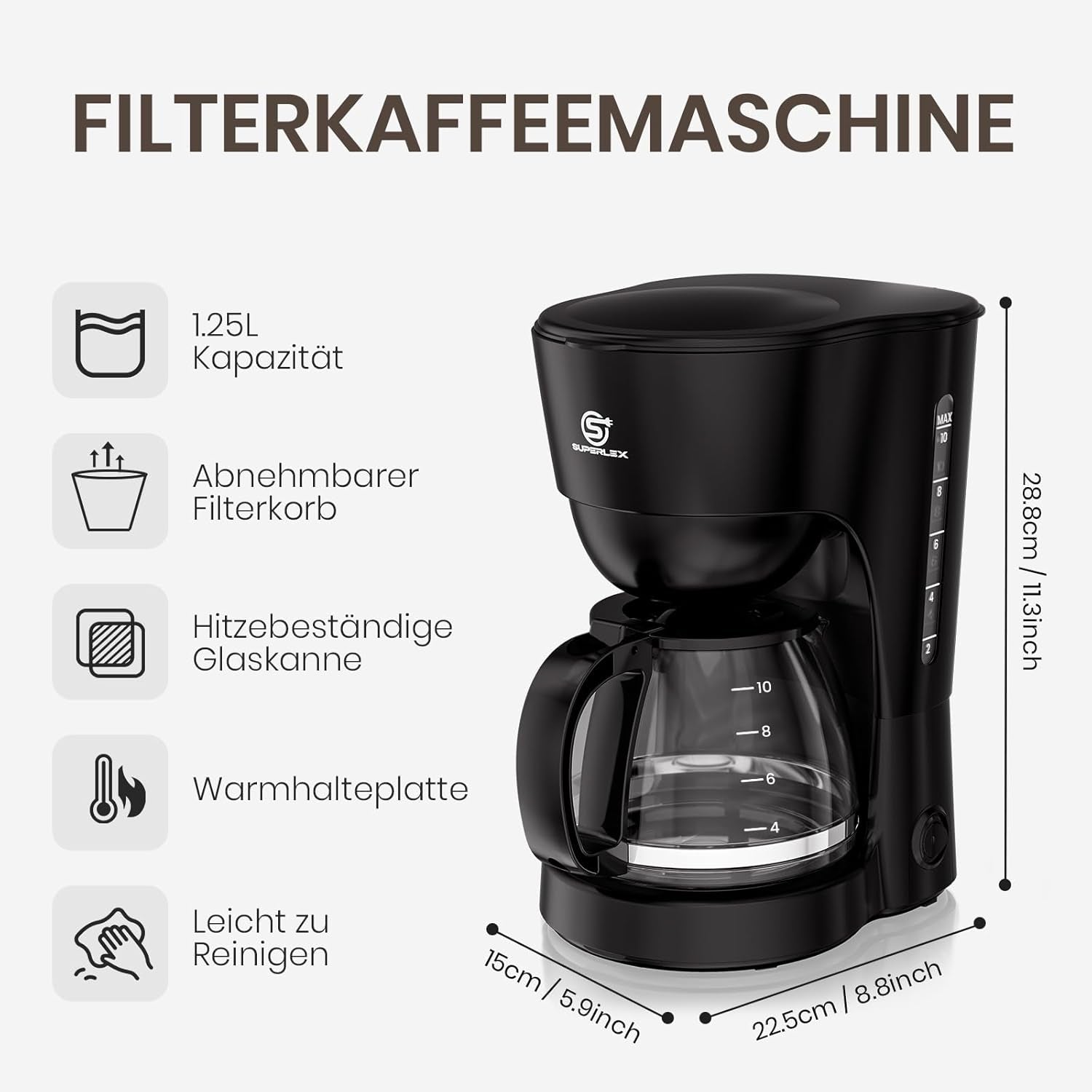 Ekspres do kawy z filtrem o pojemności 1,25 l na 10 filiżanek kawy filtrowanej, szklana karafka, którą można myć w zmywarce, termos, system zapobiegający kapaniu, automatyczne wyłączanie, 600 W, zabezpieczenie przed gotowaniem bez wody do domu i biura