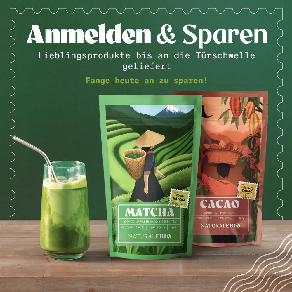 Naturalebio BIO Herbata zielona w proszku 100 g. Do gotowania i pieczenia. Oryginalna japońska matcha. Zielona herbata z Japonii, wegańska, bezglutenowa i bez GMO. Naturalny produkt organiczny.