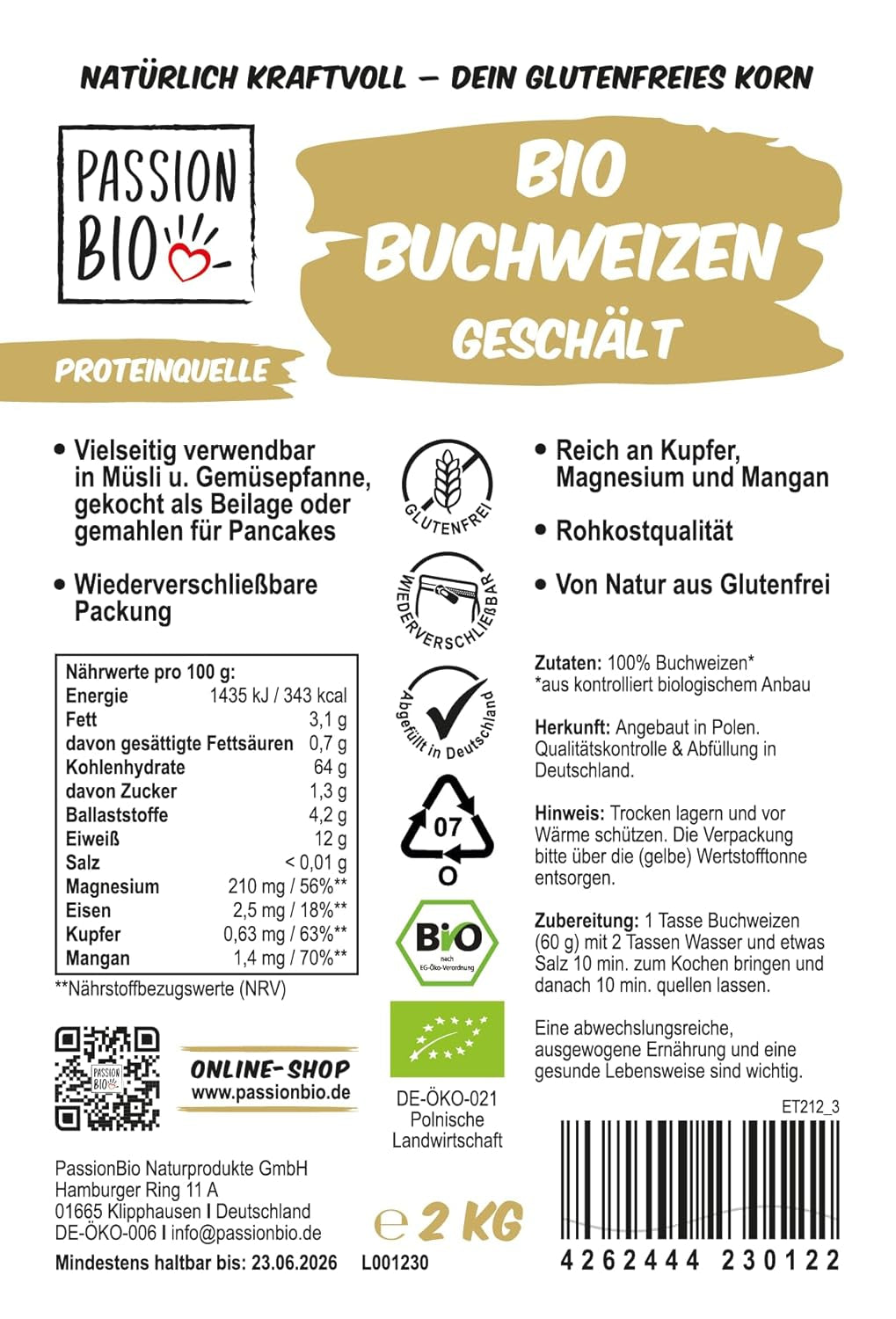 PassionBio Ekologiczna kasza gryczana 2 kg - opakowanie z możliwością wielokrotnego zamykania - jakość surowa