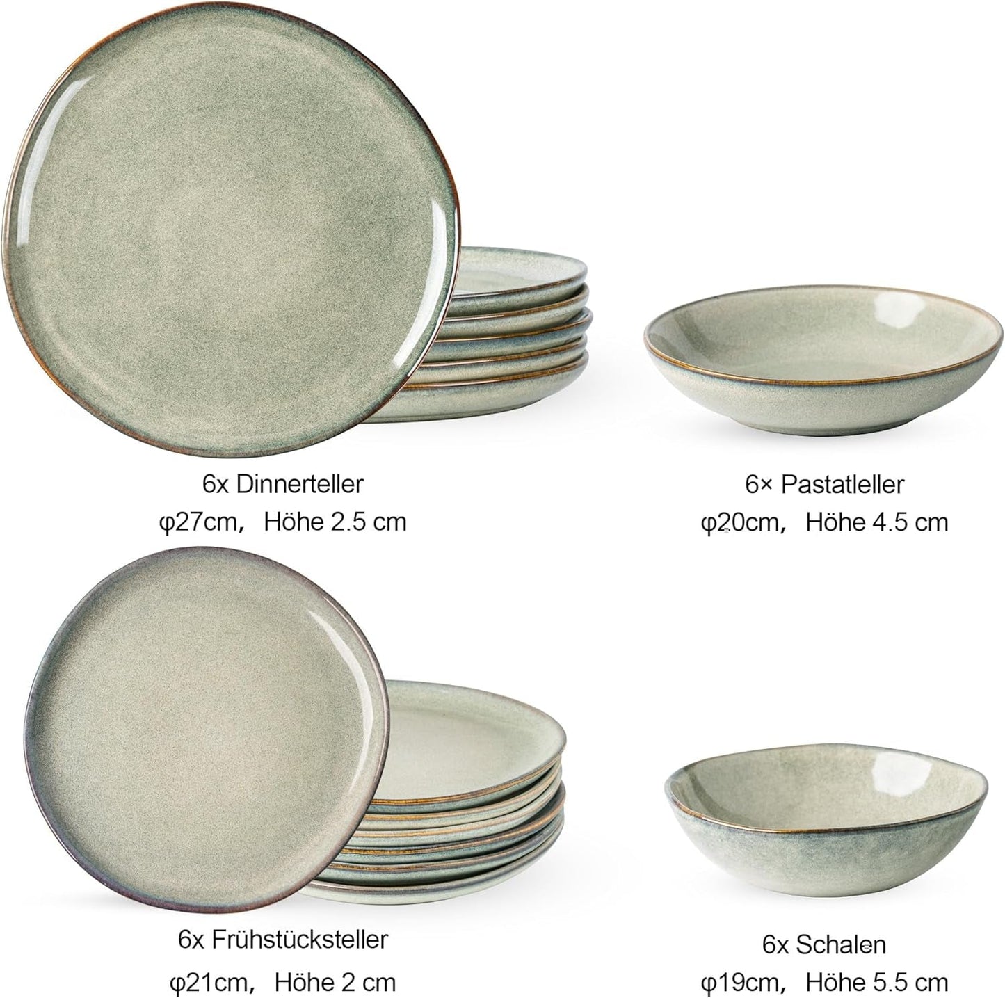 GBhome Zestaw ceramicznych naczyń obiadowych dla 6 osób 24-częściowy zestaw z glazurą reaktywną Ręcznie robiony zestaw misek i talerzy do kuchenki mikrofalowej i mycia w zmywarce Desret Sage GDW007GY-24P-EU