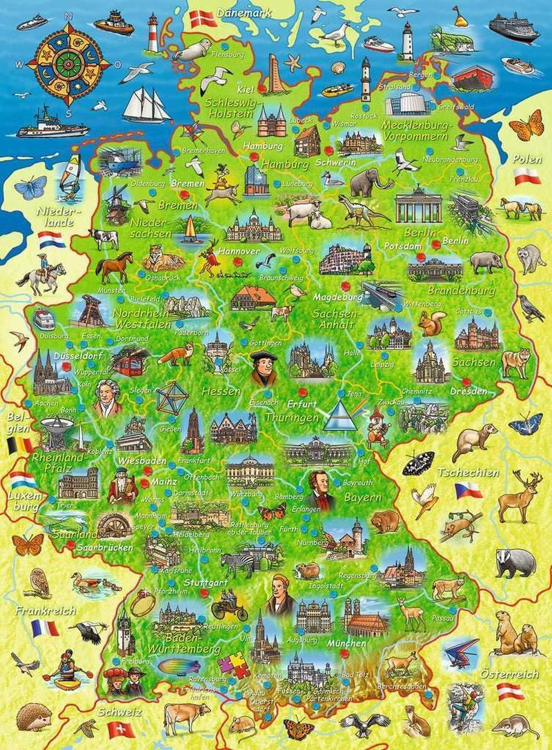 Puzzle dla dzieci Ravensburger - Kolorowa mapa Niemiec - 200-elementowe puzzle dla dzieci od 8. roku życia Puzzle Naty Shop