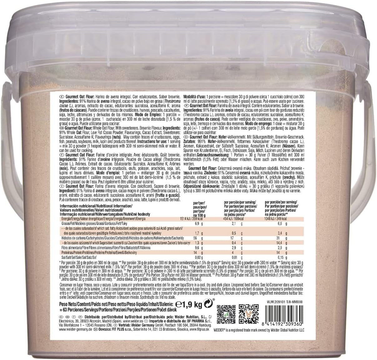 Weider Gourmet Płatki owsiane (1,9 kg) o smaku brownie. Pełnoziarniste płatki owsiane. Źródło białka o niskiej zawartości cukru.