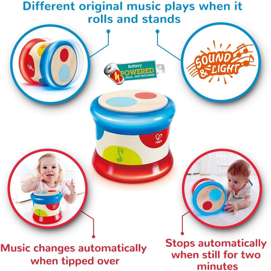 Hape Bębenek | Tocząca się zabawka muzyczna dla najmłodszych do nauki rytmu i różnych dźwięków, na baterie, od 6 miesiąca życia Baby Toys Naty Shop