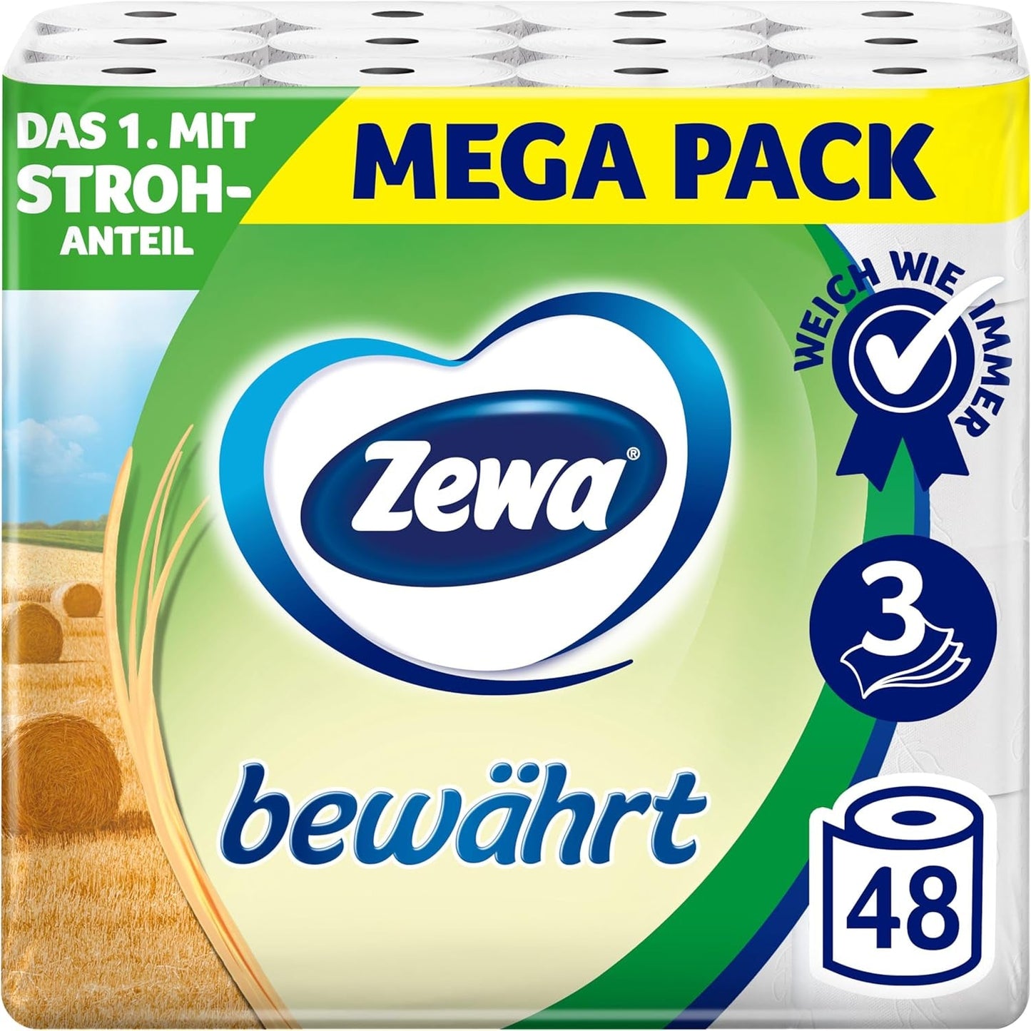 Zewa Proven - 48 rolek - Pierwszy papier toaletowy z zawartością słomy - 3 warstwy