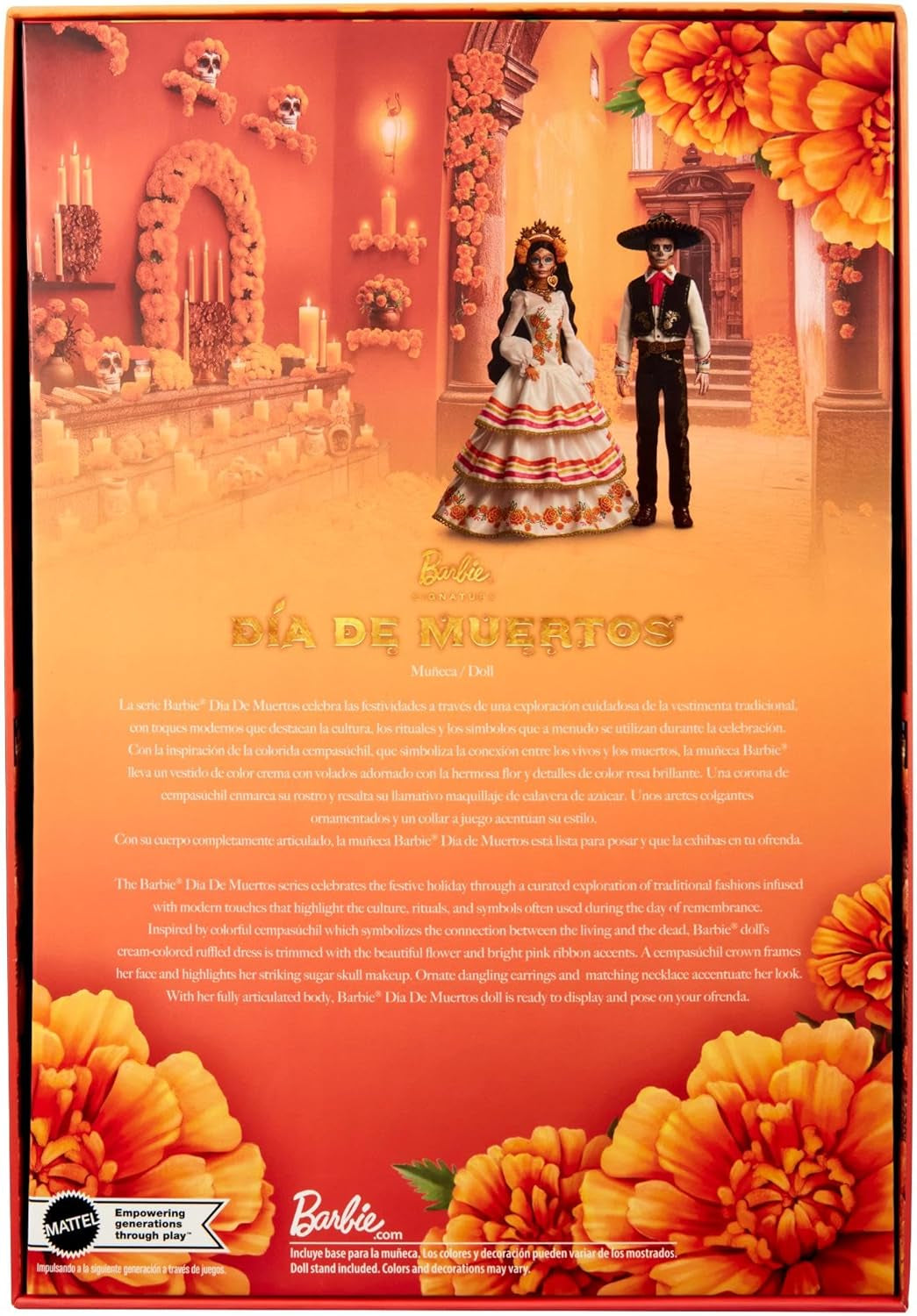 Lalka Barbie Signature Day of the Dead 2025 Figurka kolekcjonerska w kremowej sukience z falbankami, nagietkami i kokardkami, kwiatową koroną we włosach i farbą do twarzy Calavera, JBJ05
