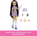 Lalka Barbie Dream Besties i akcesoria, Modna lalka Barbie Renee z jazdą na rolkach i czarnymi włosami, 12 akcesoriów tematycznych z filmami i jedzeniem, JFX99