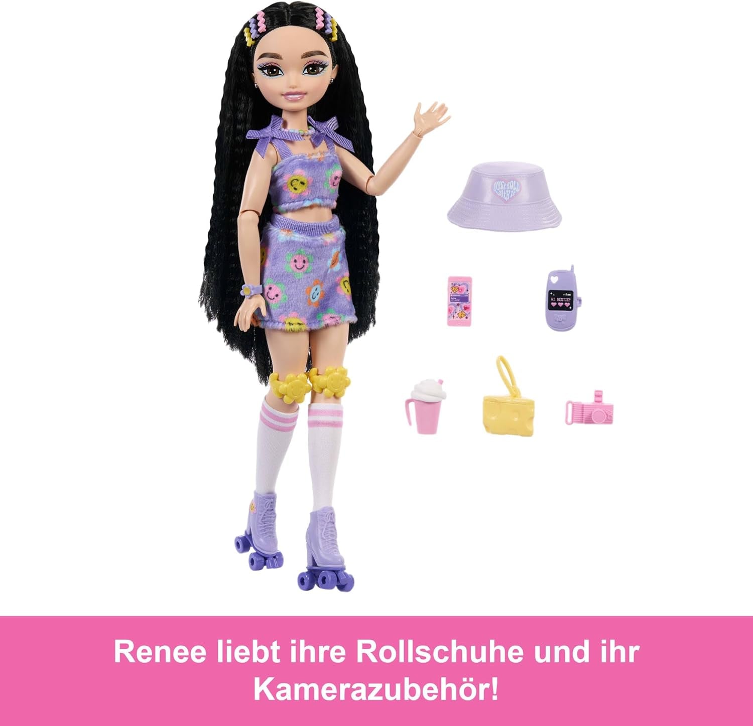Lalka Barbie Dream Besties i akcesoria, Modna lalka Barbie Renee z jazdą na rolkach i czarnymi włosami, 12 akcesoriów tematycznych z filmami i jedzeniem, JFX99