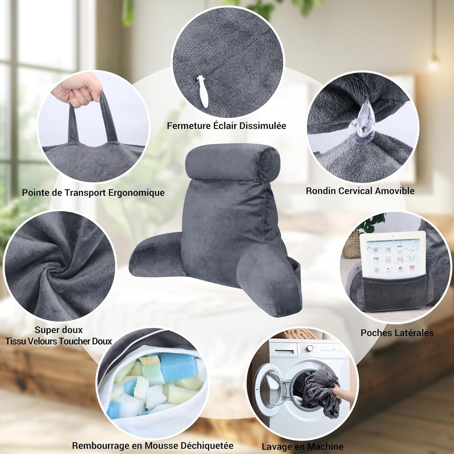 INFANZIA ergonomiczna poduszka do czytania z podłokietnikami, oparcie z pianki memory, szara, M